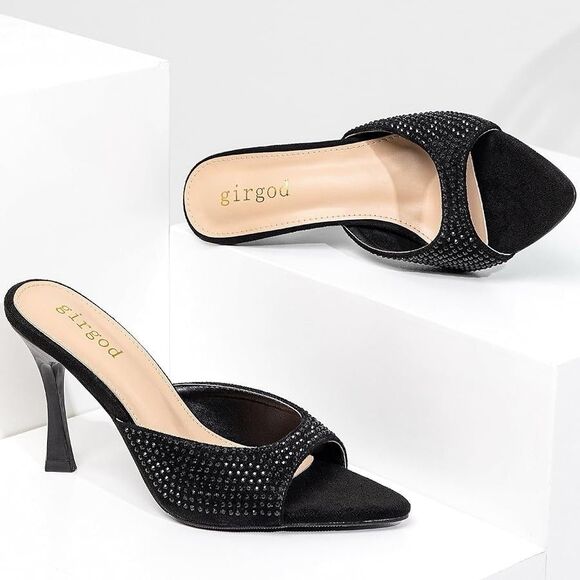 Girgod Rhinestone Black Heels for Women’s Open Pointed Toe Size 10 Dressy Pumps - Picture 2 of 11